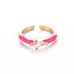 Brass Enamel Cuff Rings, Open Rings, Solitaire Rings, with Clear Cubic Zirconia, Nickel Free, Rhombus, Golden, Deep Pink, US Size 7(17.3mm)(RJEW-T016-28A-NF)