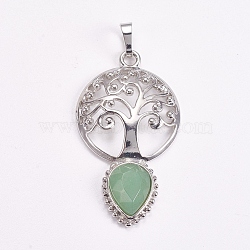 Brass Pendants, Natural Green Aventurine, Faceted, Hollow Flat Round with Tree of Life and Teardrop, Platinum, 49x27x6mm(G-G743-A04)
