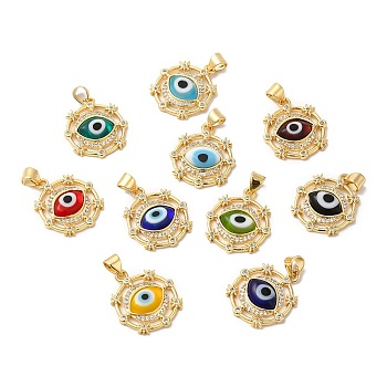Handmade Evil Eye Lampwork Pendants, with Brass Cubic Zirconia Finding, Cadmium Free & Lead Free, Real 18K Gold Plated, Flat Round Charm, Mixed Color, 20.5x17.5x3.3mm, Hole: 3x4.3mm