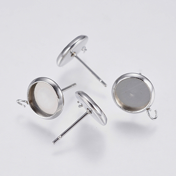 201 Stainless Steel Stud Earring Settings, with 304 Stainless Steel Pins, with Loop, Flat Round, Stainless Steel Color, 13x10mm, Hole: 2mm, Pin: 0.7mm, Tray: 8mm