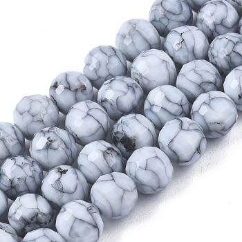 Opaque Baking Painted Crackle Glass Beads Strands, Round, Faceted, Light Steel Blue, 8x7.5mm, Hole: 0.8mm, about 60pcs/strand, 17.32~17.72 inch(44~45cm)
