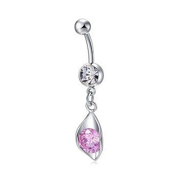 Piercing Jewelry, Brass Cubic Zirconia Navel Ring, Navel Ring Belly Rings, with 304 Stainless Steel Bar, Lead Free & Cadmium Free, Leaf, Platinum, Pearl Pink, 38x11.5mm, Bar Length: 3/8"(10mm), Bar: 14 Gauge(1.6mm)