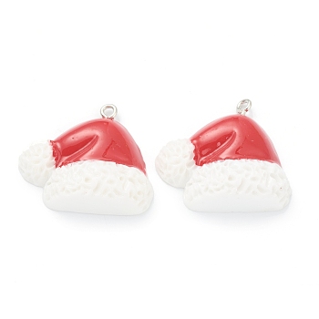 Resin Pendants, for Christmas Festival, with Platinum Iron Peg Bail, Christmas Hat, White, 27x30x8mm, Hole: 2mm