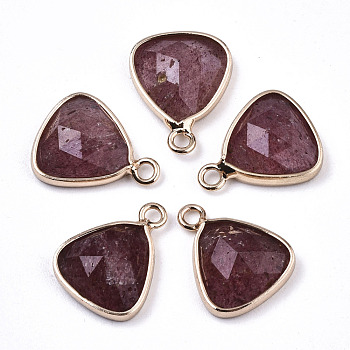 Natural Strawberry Quartz Charms, with Light Gold Plated Brass Edge and Loop, Triangle, Faceted, 14x11x4mm, Hole: 1.5mm