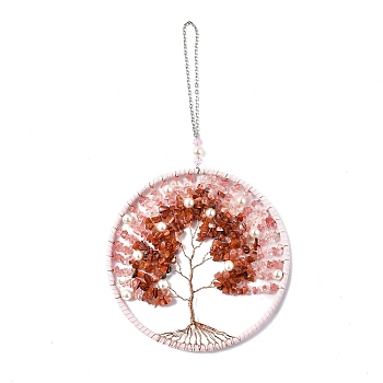 Wire Wrapped Chips Natural Rose Quartz & Red Agate Big Pendant Decorations, with Iron Chains and Imitation Leather Rope, Flat Round with Tree of Life, 295mm