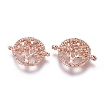 Brass Micro Pave Cubic Zirconia Links, Tree of Life, Rose Gold, 15x20x3mm, Hole: 1mm