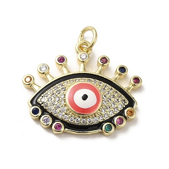 Brass Micro Pave Cubic Zirconia Pendants, with Enamel, with Jump Ring, Real 18K Gold Plated, Evil Eye, Black, 20x23x5.3mm, Hole: 3.5mm