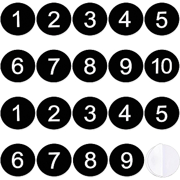 20Pcs Adhesive Acrylic Number Sign Labels, Flat Round, Number 1~10, for Inventory Label, Room Number Sign, Black, 29.5x1.5mm