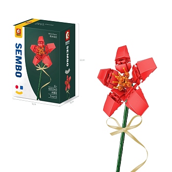 Kapok Potted Flowers Building Blocks, with Riband, DIY Artificial Bouquet Building Bricks Toy for Kids, Red, 120x90x58mm