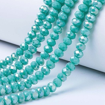 Electroplate Glass Beads Strands, Opaque Solid Color, AB Color Plated, Faceted, Rondelle, Medium Turquoise, 3x2mm, Hole: 0.8mm, about 165~169pcs/strand, 15~16 inch(38~40cm)