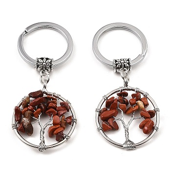 Natural Red Jasper Flat Round with Tree of Life Pendant Keychain, with Iron Key Rings and Brass Finding, 6.5cm