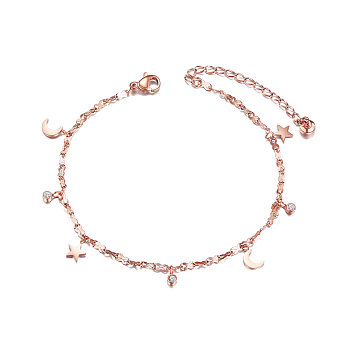 SHEGRACE Stunning Titanium Steel Anklet, with Moon and Star, Rose Gold, 200mm