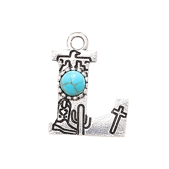 Synthetic Turquoise Pendants, with Alloy Findings, Letter L, 21x28mm