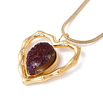 Natural Quartz Heart Pendant Necklace with 304 Stainless Steel Snake Chain, Druzy Gemstone Jewelry for Women, Golden, 17.72 inch(45cm)