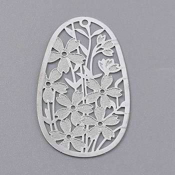 Brass Pendants, Etched Metal Embellishments, Hollow Out Oval with Flower, Silver, 40x24x0.2mm, Hole: 1.6mm