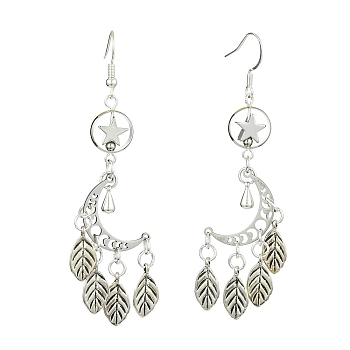 304 Stainless Steel & Tibetan Style Alloy Dangle Earrings, Moon, Antique Silver & Stainless Steel Color, 81x23mm