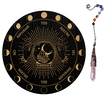 AHADEMAKER 1Pc Natural Rose Quartz Dowsing Pendulum Pendant, with 1Pc Wood Custom Pendulum Board, for Witchcraft Wiccan Altar Supplies, Moon Pattern, Pendant: 29~29.7cm, Board: 20x0.4cm