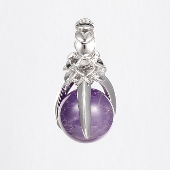 Natural Amethyst Pendants, with Brass Findings, Cadmium Free & Lead Free, Claw & Round, Platinum, 35x18mm, Hole: 5mm