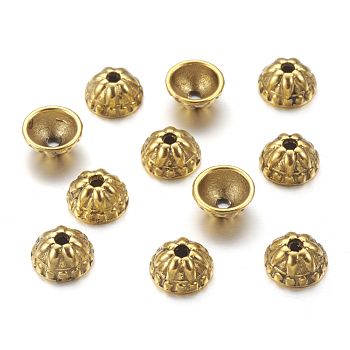 Tibetan Style Bead Caps, Antique Golden Color, Lead Free & Nickel Free & Cadmium Free, Made of Zinc Alloy, Size: about 8mm in diameter, 4mm thick, hole: 1.5mm, Inner Size: 6mm