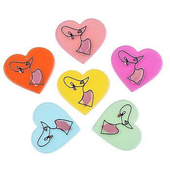 Translucent Cellulose Acetate(Resin) Pendants, 3D Printed, Heart with Woman, Mixed Color, 33x37x2.5mm, Hole: 1.5mm
