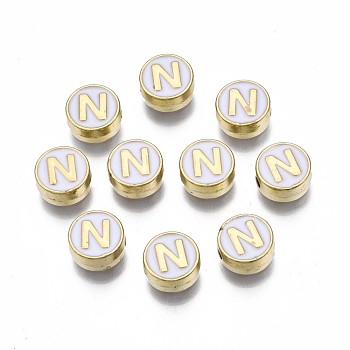Alloy Enamel Beads, Cadmium Free & Lead Free, Light Gold, Flat Round with Alphabet, White, Letter.N, 8x4mm, Hole: 1.5mm