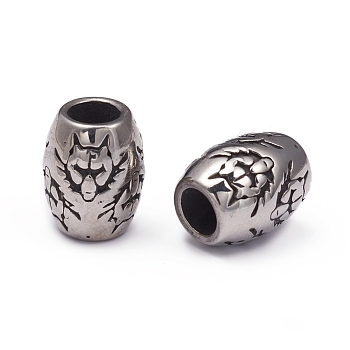 304 Stainless Steel European Beads, Large Hole Beads, Barrel with Wolf, Antique Silver, 13x10.5mm, Hole: 5.5mm