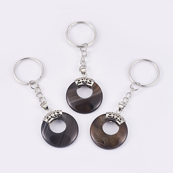 Natural Agate Keychain, with Platinum Plated Iron Key Rings and Brass Findings, Dyed, Flat Round, 84mm