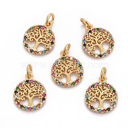 Brass Micro Pave Cubic Zirconia Charms, with Jump Rings, Flat Round with Tree of Life, Colorful, Golden, 14.5x12x1.5mm, Hole: 2.5mm(X-ZIRC-L070-45G)