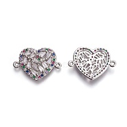 Brass Micro Pave Cubic Zirconia Links, Heart, Colorful, Platinum, 15x22x3mm, Hole: 1.5mm(ZIRC-I021-14P)