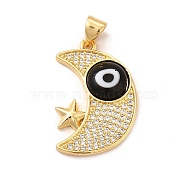 Rack Plating Brass Micro Pave Clear Cubic Zirconia Pendants, with Handmade Evil Eye Lampwork, Cadmium Free & Lead Free, Long-Lasting Real 18K Gold Plated, Moon with Star Charm, Black, 25x16.5x4mm, Hole: 5x3.5mm(LAMP-A153-01G-08)