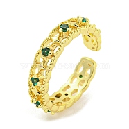 Hollow Brass Micro Pave Green Cubic Zirconia Cuff Rings, Open Rings for Women, Real 18K Gold Plated, Adjustable(RJEW-L113-007G)