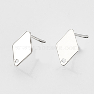Brass Stud Earring Findings, with Loop and Flat Plate, Rhombus, Nickel Free, Platinum, 11x7x0.5mm, Hole: 1mm, Pin: 0.7mm(KK-N186-60P)