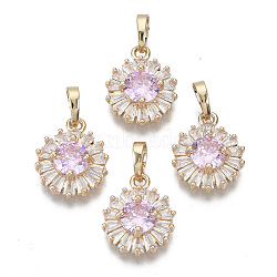 Brass Micro Cubic Zirconia Charms, with Snap on Bails, Flat Round, Light Gold, Pearl Pink, 15x12x5mm, Hole: 6x4mm(KK-N235-032B)