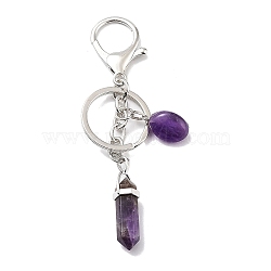 Natural Amethyst Keychain, with Platinum Plated Iron Split Key Rings, Bullet, 11~11.2cm(KEYC-M022-05A)