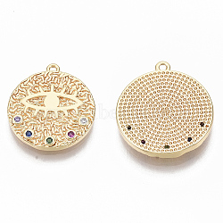 Brass Micro Pave Cubic Zirconia Pendants, Nickel Free, Flat Round with Eye, Real 18K Gold Plated, Colorful, 21.5x20x2.5mm, Hole: 1.2mm(KK-R126-015B-NF)