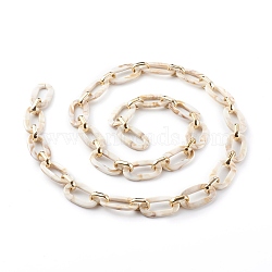 Handmade Acrylic Cable Chains, with CCB Plastic Linking Ring, Flat Oval, Floral White, 36.5x21x3.5mm, 19x12x4.5mm, about 39.37 inch(1m)/strand(AJEW-JB00947-01)