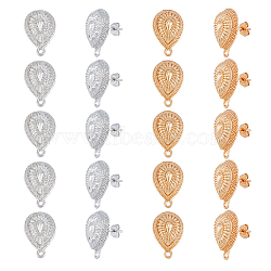 10 Pairs 2 Colors Alloy Stud Earring Findings, with Horizontal Loops, Teardrop, with 40Pcs Plastic Ear Nuts, Golden & Silver, 19x12mm, Hole: 1mm, Pin: 0.7mm, 5 Pairs/color(FIND-FH0005-79)