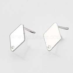 Brass Stud Earring Findings, with Loop and Flat Plate, Rhombus, Nickel Free, Platinum, 11x7x0.5mm, Hole: 1mm, Pin: 0.7mm(KK-N186-60P)