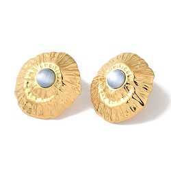 Golden Ion Plating(IP) 304 Stainless Steel Stud Earrings for Women, with Cat Eye, Nuggets With Textured, Alice Blue, 23x21mm(EJEW-L287-053G-01)