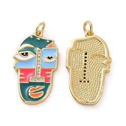 Brass Micro Pave Clear Cubic Zirconia Pendants, Real 18K Gold Plated, with Enamel and Jump Ring, Abstract Face Charms, Teal, 26x15x2mm, Jump Ring: 5x0.8mm, Inner Diameter: 3.2mm(KK-E068-VF022)