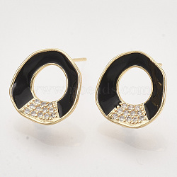 Brass Micro Pave Cubic Zirconia Stud Earring Findings, Enamel and Loop, Nickel Free, Real 18K Gold Plated, Ring, Black, 15x14.5mm, Hole: 1mm, Pin: 0.7mm(X-KK-T054-36G-01-NF)