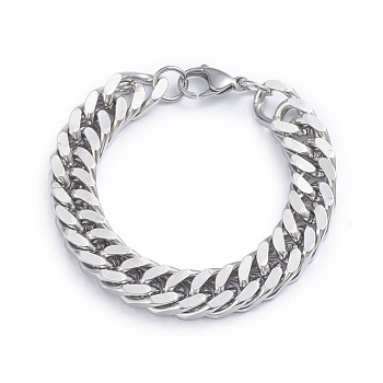 Men's 304 Stainless Steel Diamond Cut Cuban Link Chain Bracelets, with Lobster Claw Clasps, Stainless Steel Color, 8-1/8 inch~8-1/4 inch(20.5~21cm), 12mm