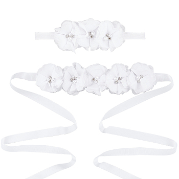 Polyester Waist Chain Belts and Headbands with Imitation Pearl, Jewelry Set with Alloy Rhinestone for Wedding Party, White, 5-1/8~72 inch(13~183cm), 2Pcs/set