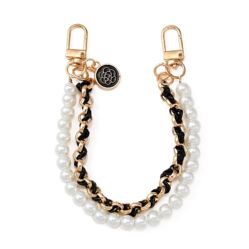 Double-strand Bag Handles, with ABS Plastic Imitation Pearl Beads, PU Leather & Alloy Cable Chain & Swivel Clasps, Bag Replacement Accessories, Light Gold, 27x1.6cm