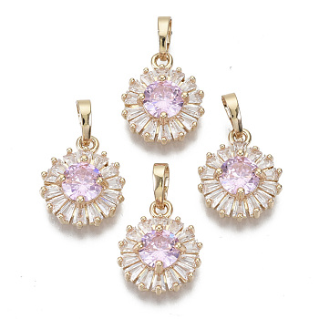 Brass Micro Cubic Zirconia Charms, with Snap on Bails, Flat Round, Light Gold, Pearl Pink, 15x12x5mm, Hole: 6x4mm