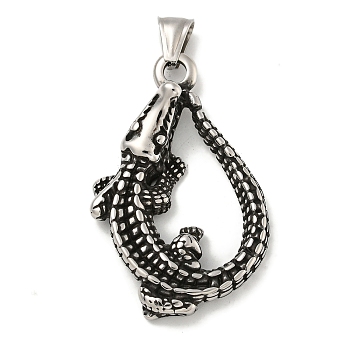 316 Surgical Stainless Steel Pendants, Crocodile Charm, Antique Silver, 49x32x10.5mm, Hole: 4x8mm