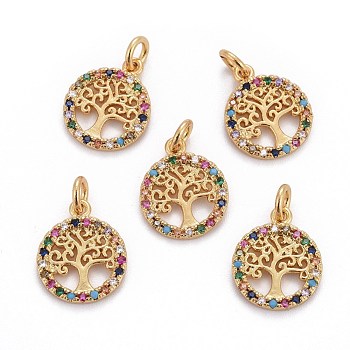 Brass Micro Pave Cubic Zirconia Charms, with Jump Rings, Flat Round with Tree of Life, Colorful, Golden, 14.5x12x1.5mm, Hole: 2.5mm