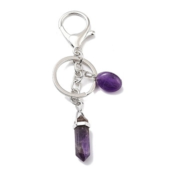 Natural Amethyst Keychain, with Platinum Plated Iron Split Key Rings, Bullet, 11~11.2cm