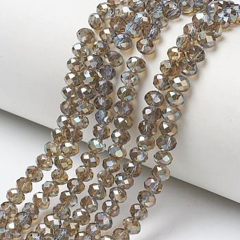 Electroplate Glass Beads Strands, Half Plated, Rainbow Plated, Faceted, Rondelle, Light Blue, 4x3mm, Hole: 0.4mm, about 123~127pcs/strand, 16.5~16.9 inch(42~43cm)