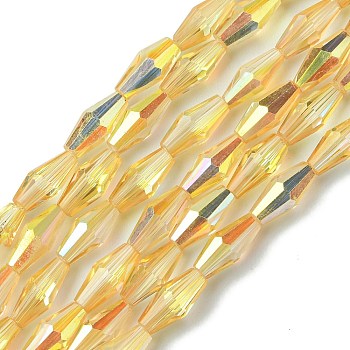 Transparent Electroplate Glass Beads Strands, Half Plated, Faceted, Bicone, Gold, 8x4mm, Hole: 0.8mm, about 66~68pcs/strand, 22.83''(58cm)